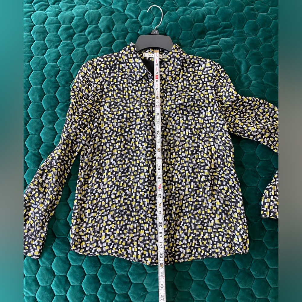 Alice + Olivia Willa Neon Yellow Multi Print Placket Blouse - Picture 6 of 6